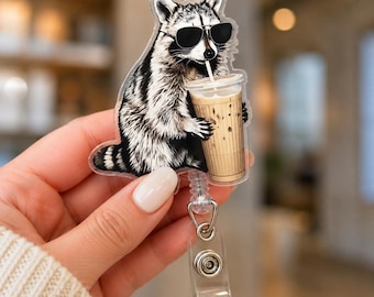 Funny Raccoon Badge Reel | Meme Badge Reel | Traah Panda Drinking | Medical ID Badge Nurse Teacher Office | Gift for Nurse Rectractable Clip