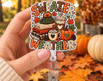 Sweater Weather, Leopard Fall Coffee, Pumpkin Fall Retractable ID Badge Holder for Healthcare Workers, Vet Techs, Office Staff and Teachers