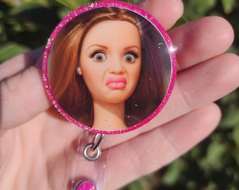 Meme Badge Reel | Cringe Face, Pink Glitter | Nurse Teacher Office | Gift for nurse
