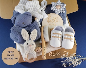 Cute Personalized baby girl or baby boy gift box , Infant toy with name, bodysuit, Bunny rattle with name