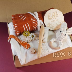 May include: A brown cardboard box filled with baby items, including a white onesie, a wooden brush, a crocheted bunny rattle, a wooden teething ring, a muslin swaddle blanket with a geometric pattern, a wooden teether, and a wooden sign that says "hello world". The box is labeled "BOX 8".