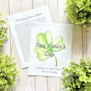 May include: A printable worksheet with a watercolor illustration of a shamrock and the text "Saint Patrick's Day". The worksheet also includes a short story about Saint Patrick and his holiday.
