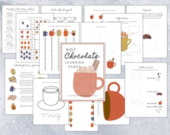 Op de afbeelding: Een set met printbare educatieve werkbladen voor kleuters met een thema van warme chocolademelk. De werkbladen bevatten activiteiten zoals tellen, matchen, letters traceren en schrijven.