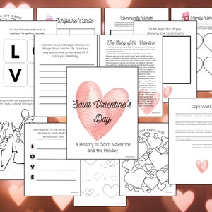 May include: A printable Valentine's Day activity pack with coloring pages, writing prompts, and a history of Saint Valentine. The pack includes a pink watercolor heart with the text "Saint Valentine's Day" and a history of Saint Valentine and the holiday.