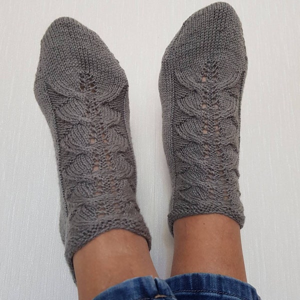 Sommer Sneakersocken Füsslinge handgestrickt Gr.39/40 grau, mit Seide!