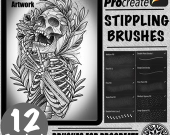 May include: A digital illustration of a skeleton with flowers and leaves, created using stippling brushes for Procreate. The image shows 12 different stippling brushes, including "Medium Fill", "Fine Fill 2", "Fine Fill", "Superfine Fill", "Double Point Stroke 1", "Single Dot Stroke", "Fine Point Fill", "Medium Sparse Fill", "Double Point Line 2", and "Large Sparse Fill".