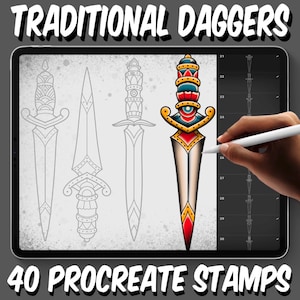 May include: 40 Procreate stamps featuring traditional dagger designs. The stamps include a variety of styles, including a dagger with an eye design, a dagger with a floral design, and a dagger with a geometric design. The stamps are perfect for adding a touch of traditional style to your digital art.