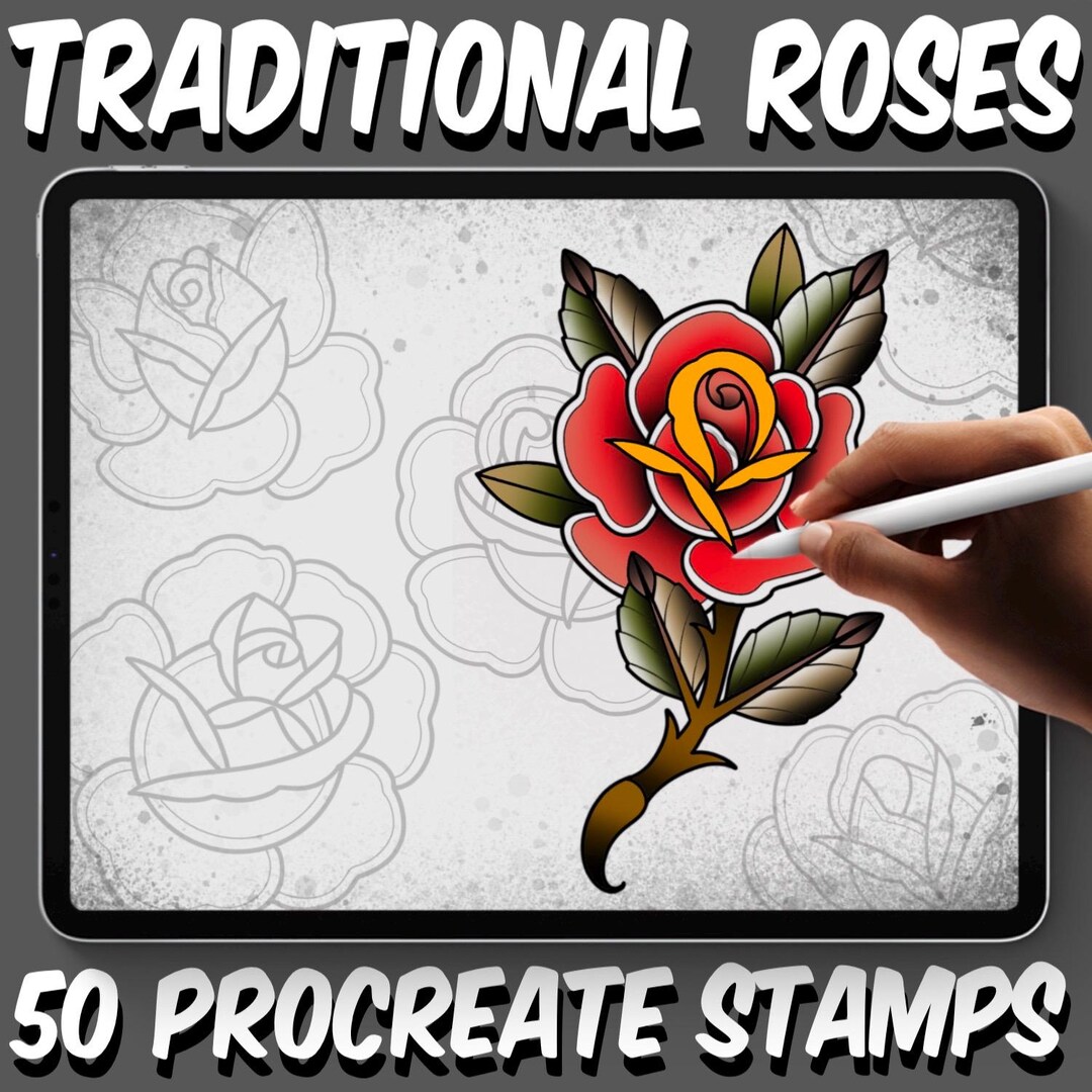 Traditional Rose Tattoo Stamp Set for Procreate – Old School Flash Line ...