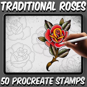 May include: A digital illustration of a traditional red rose with green leaves and a stem. The rose is being drawn on a tablet with a stylus. The image is labeled "Traditional Roses" and "50 Procreate Stamps".