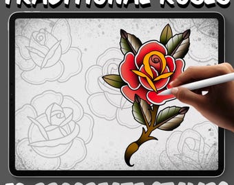 Traditional Rose Tattoo Stamp Set for Procreate – Old School Flash Line Art, American Traditional Rose Brushes for Tattoo Design