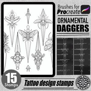 May include: A set of 15 digital stamps for Procreate featuring ornamental dagger designs. The stamps are black and white and include various dagger shapes with intricate details. The text "Brushes for Procreate ORNAMENTAL DAGGERS" is at the top of the image.