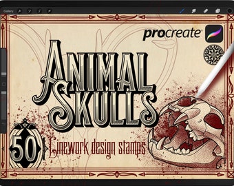 May include: A digital illustration of a vintage style poster advertising 50 linework design stamps of animal skulls. The poster is on a digital tablet with a stylus hovering over the image. The poster has a red and brown colour scheme with a white background. The text on the poster reads "Animal Skulls 50 Linework design stamps" and "procreate".