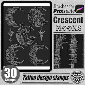 May include: A set of 30 digital tattoo design stamps for Procreate featuring crescent moons with various floral and geometric designs. The stamps are white on a black background.