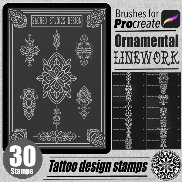 30 Ornamente Linework Tattoo Design Stempel Pinsel für Procreate