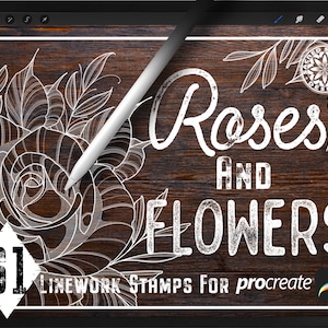May include: A digital illustration of roses and flowers on a woodgrain background. The text "Roses and Flowers" is written in white with a distressed effect. The text "61 Linework Stamps for Procreate" is also written in white.