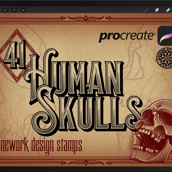 41 Human Skull Brush Stamp Set pour ProCreate! Conceptions de lignes de tatouage.