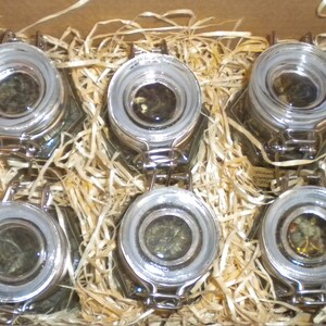 May include: Six glass jars with silver lids and clasps are filled with loose leaf tea. The jars are nestled in shredded paper inside a cardboard box.