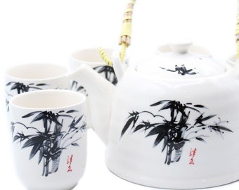 Gorgeous White Japanese Style Pattern Teapot Set With Infuser & 6 Cups