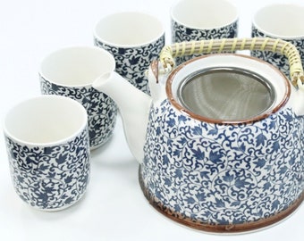 Beautiful Oriental Style Blue Pattern Teapot Set With Infuser & 6 Cups