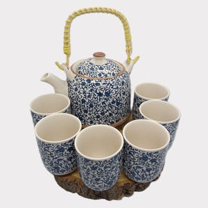 Beautiful Oriental Style Blue Pattern Teapot Set With Infuser & 6 Cups  + Tea Samples + Tea facts Leaflets