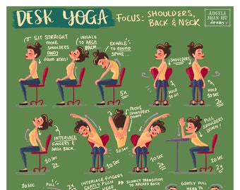 Yoga de escritorio - centrarse en hombros, espalda y cuello / Yoga en silla / Yoga de oficina / Posturas de yoga / Trabajo desde casa Yoga / 8x8 in, 8x10 in, 16x16 in