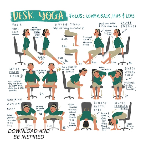 Desk Yoga - focus on lower body, lower back, and hips | Yoga At Your Desk | Office Yoga | Yoga Art Print | Fitness Art | Yoga Art