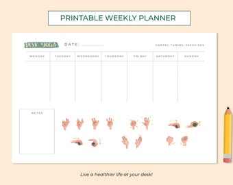 Desk Yoga Weekly Planner Printable | Carpal Tunnel Exercises | A4 High Quality | Weekly Schedule | Office Desk Organizer