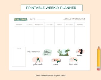 Desk Yoga Weekly Planner Printable | Healthy Daily Reminders | A4 High Quality | Weekly Schedule | Office Desk Organizer