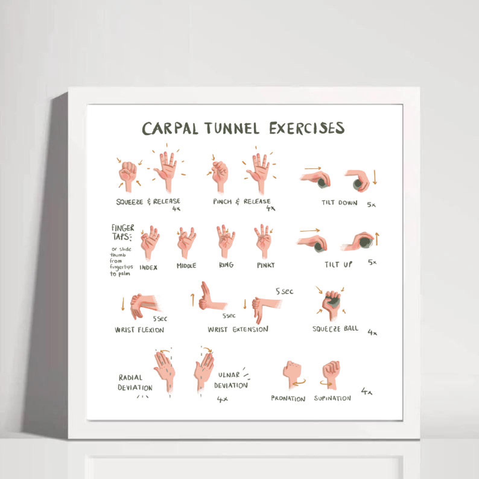 Carpal Tunnel Exercises Print Digital White Hand and Wrist Exercises