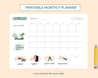 Desk Yoga Monthly Planner Printable | Daily Reminders to Live a Healthier Life | A4 High Quality | Monthly Schedule | Office Desk Organizer