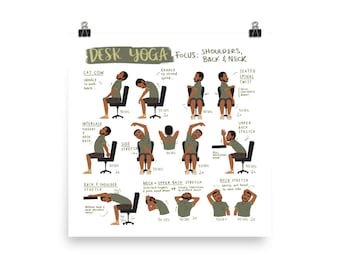 Desk Yoga - focus on shoulders, back, and neck - Physical Print | Chair Yoga | Office Yoga | 10x10in, 12x12in, 14x14in, 16x16in, 18x18in