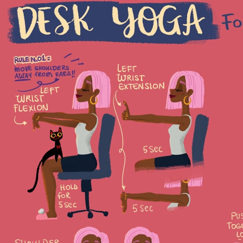 close up of an exercise in the pink desk yoga poster with illustrations focusing on shoulders and arms
