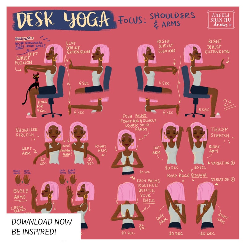 pink desk yoga poster with illustrations focusing on shoulders and arms