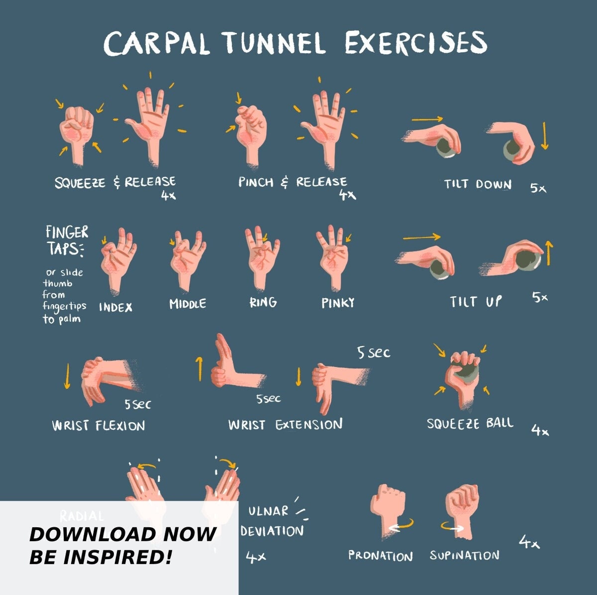 Carpal Tunnel Exercises Print Digital Blue Hand and Wrist