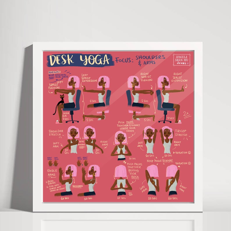 pink desk yoga poster with illustrations focusing on shoulders and arms framed