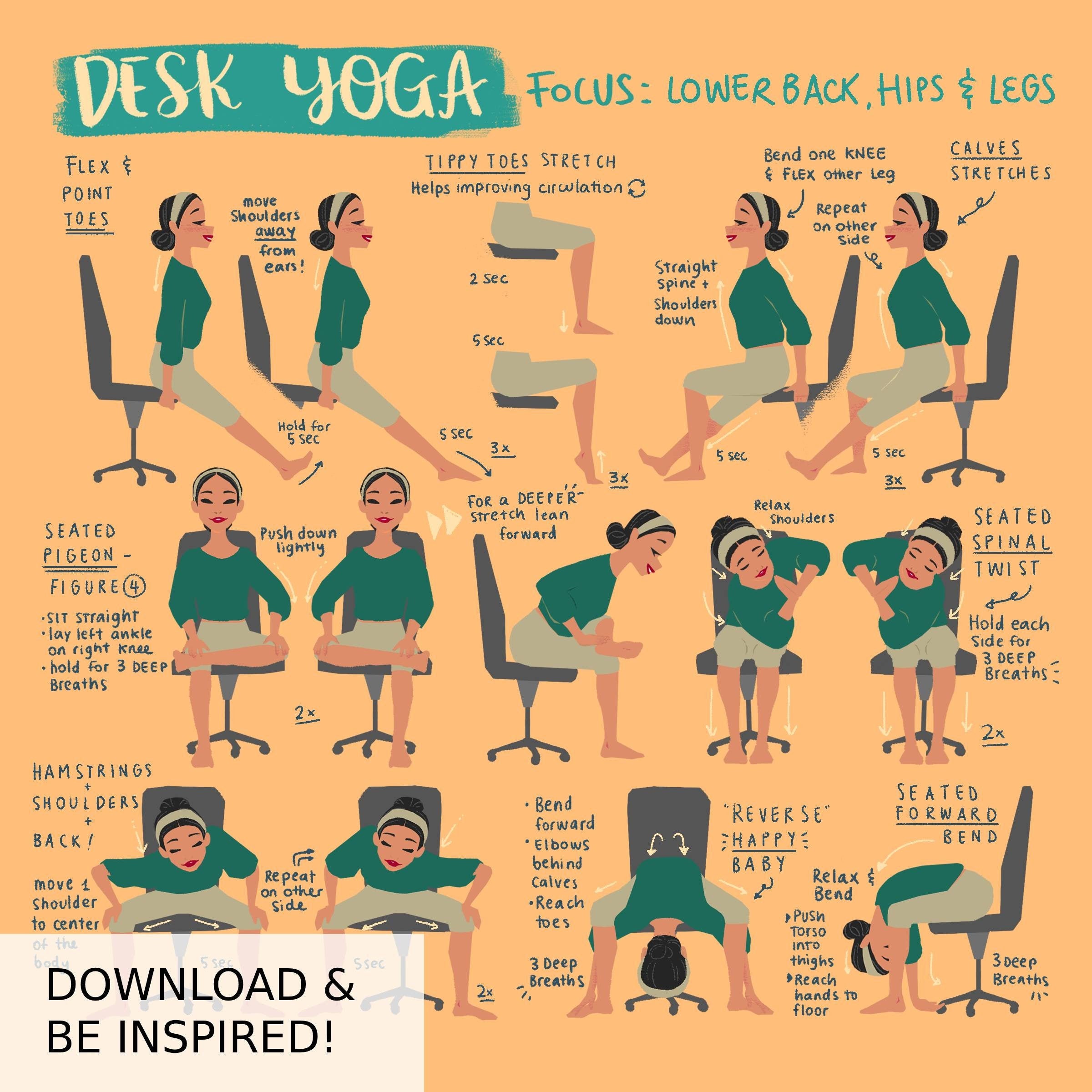 Desk Yoga Focus on Lower Body, Lower Back, and Hips Yoga at Your Desk  Office Yoga Yoga Print Yoga Art 8x8 In, 8x10 In, 16x16 In 