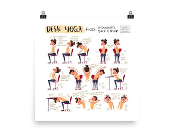 Desk Yoga Poster - Physical Print White | Yoga At Your Desk | Office Yoga | Yoga Art Print