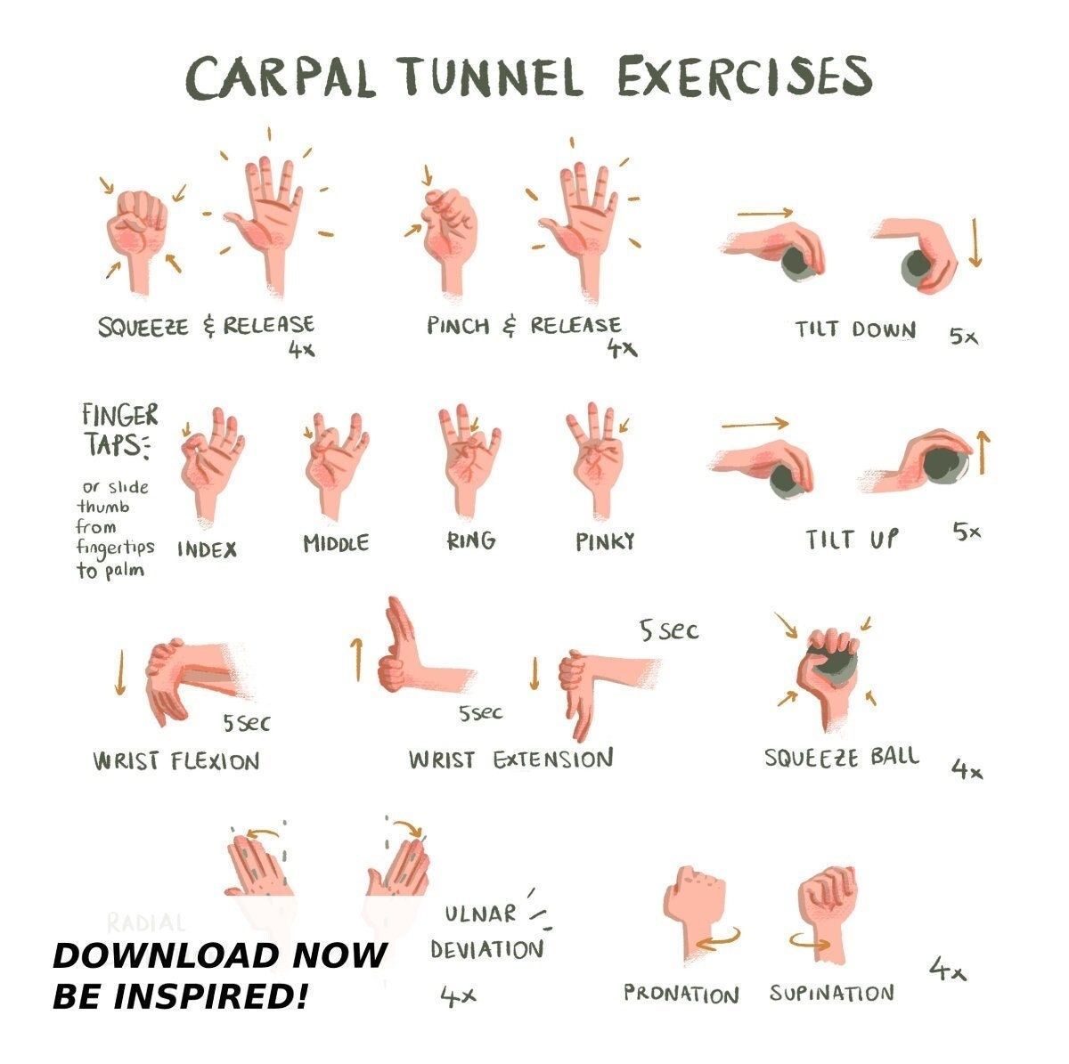 Carpal Tunnel Exercises Print Digital White Hand And Etsy Canada