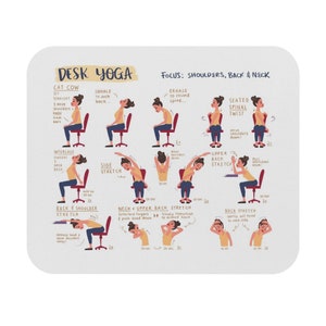 Puede incluir: Una guía ilustrada de posturas de yoga de escritorio que se centran en los hombros, la espalda y el cuello. La guía presenta ocho posturas con instrucciones e ilustraciones de una persona realizando cada postura.