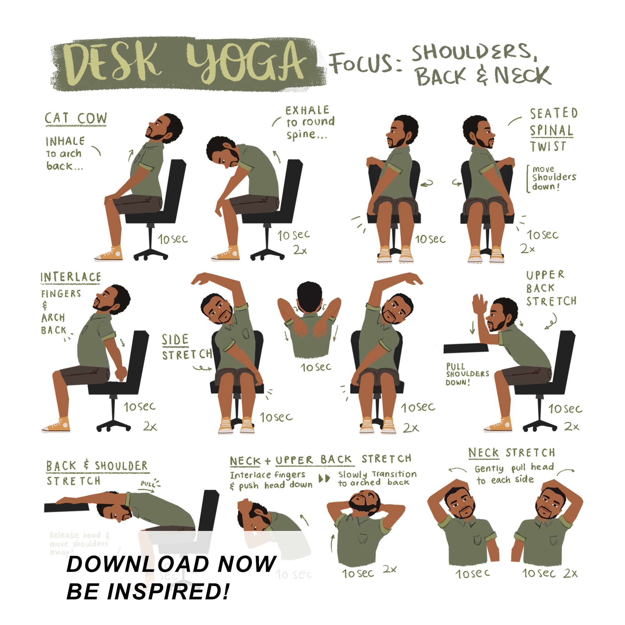 Desk Yoga Focus on Shoulders, Back, and Neck Physical Print Chair Yoga  Office Yoga 10x10in, 12x12in, 14x14in, 16x16in, 18x18in 