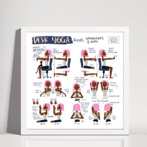 mock-up of white and pink desk yoga poster focusing on shoulders and arms