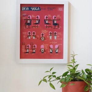 pink desk yoga poster with illustrations focusing on shoulders and arms framed in office desk