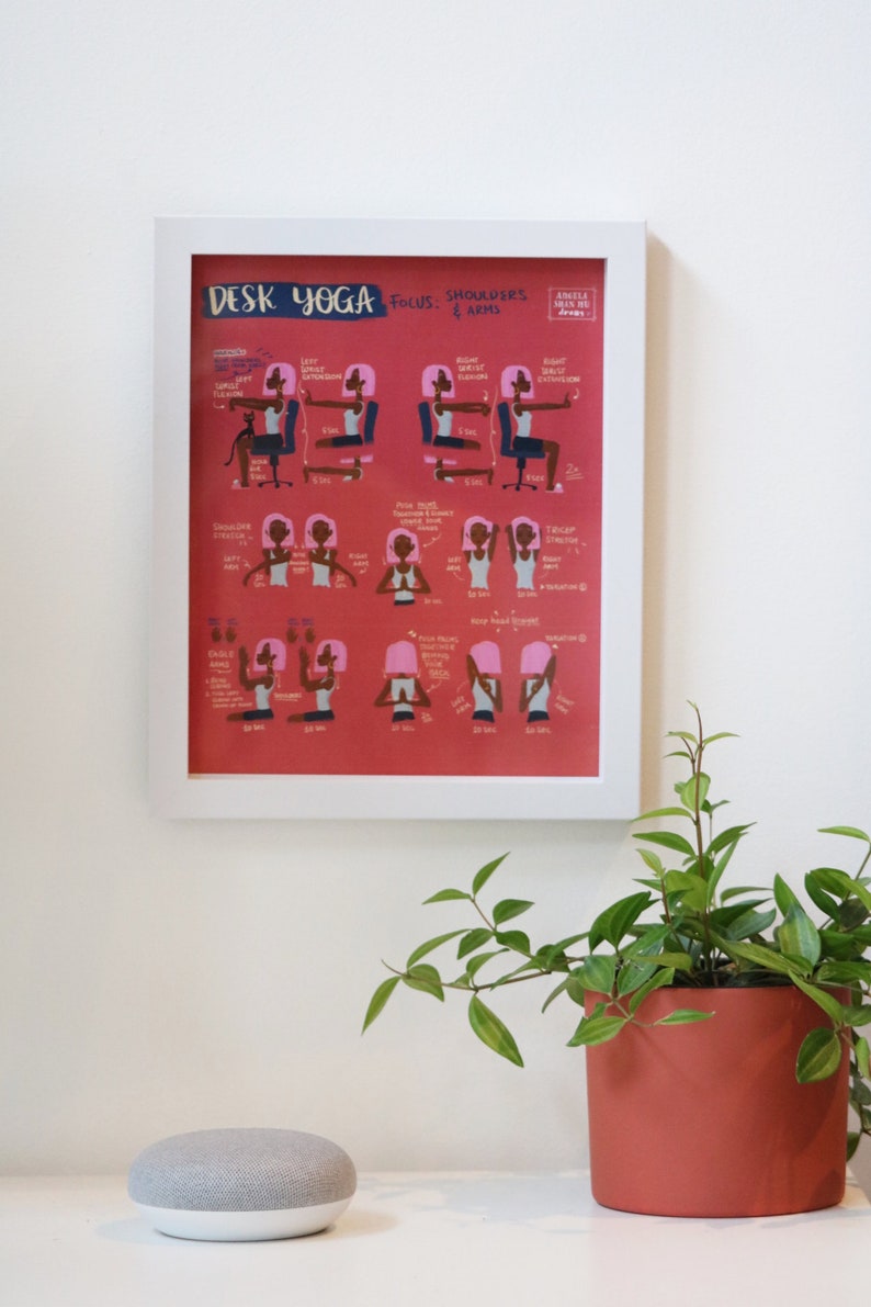 pink desk yoga poster with illustrations focusing on shoulders and arms framed in office desk