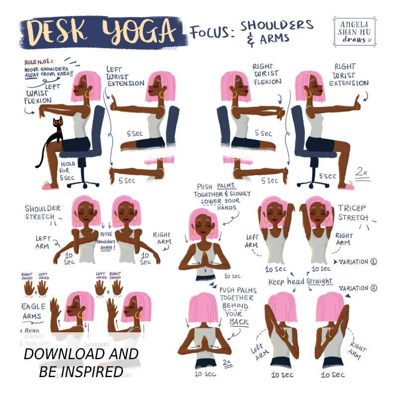 white and pink desk yoga poster focusing on shoulders and arms