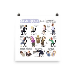 May include: A colourful illustrated poster with instructions for desk yoga poses. The poster features a variety of poses that can be done while sitting at a desk, with instructions for each pose, including the hold time and repetitions. The poster is titled "Desk Yoga: Focus: Shoulders, Back & Neck".