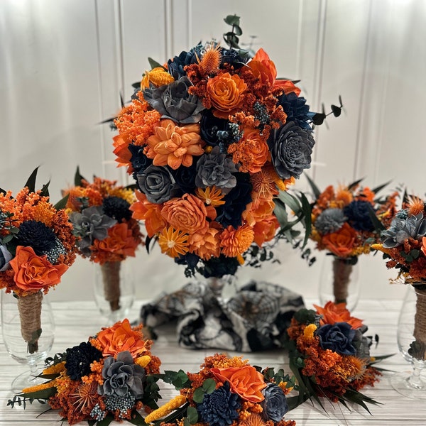 Wedding Bouquet, Bridal Bouquet, Sola Flower, Wedding Flower, Wooden Flower, orange, grey, blue, Eucalyptus, Fall, Rustic, Boho