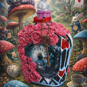 May include: A decorative bottle with a pink crystal stopper, adorned with pink roses and a key pendant. The bottle features an Alice in Wonderland theme with a clock face and heart details, set against a whimsical forest backdrop.