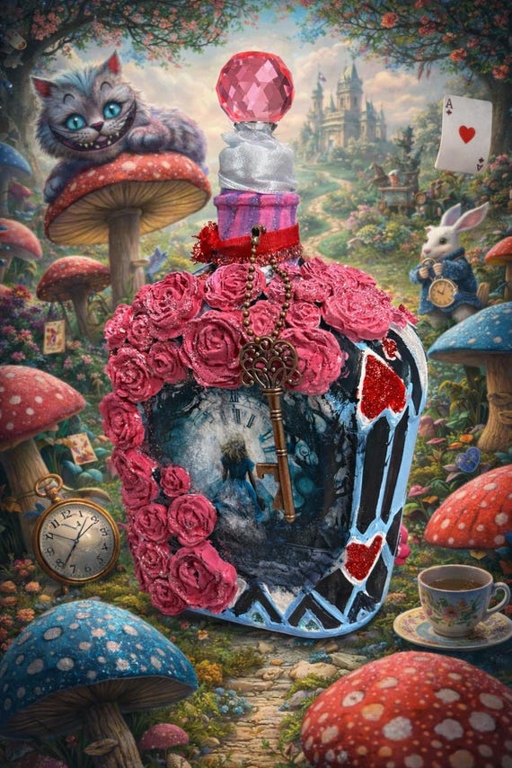 Handmade Alice in Wonderland Altered Bottle – Whimsical Storybook Decor, Double-Sided Art