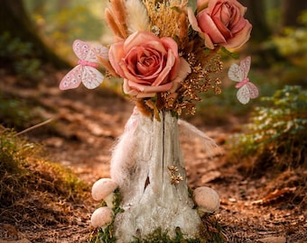 Blush Pink Floral Cow Skull Decor | Woodland Fairycore Skull | Moss, Mushrooms & Butterflies | Romantic Gothic Cottagecore Wall Art