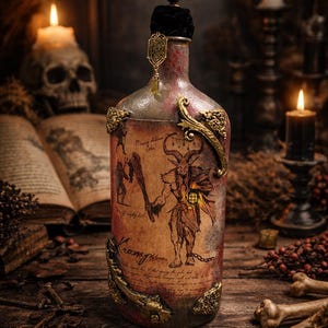 Krampus Gothic Bottle Decor | Vintage Folklore Christmas Art, Spooky Holiday Display